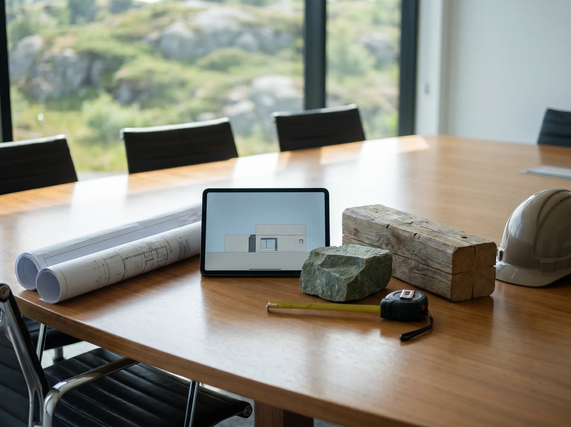 Arbetsbord med ritningar, surfplatta och bygghjälm