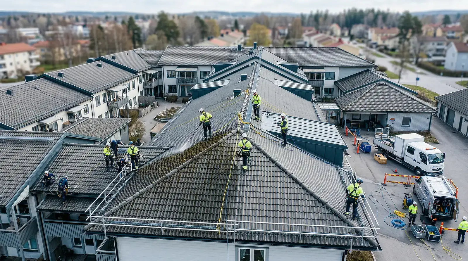 Arbetare installerar solpaneler på tak