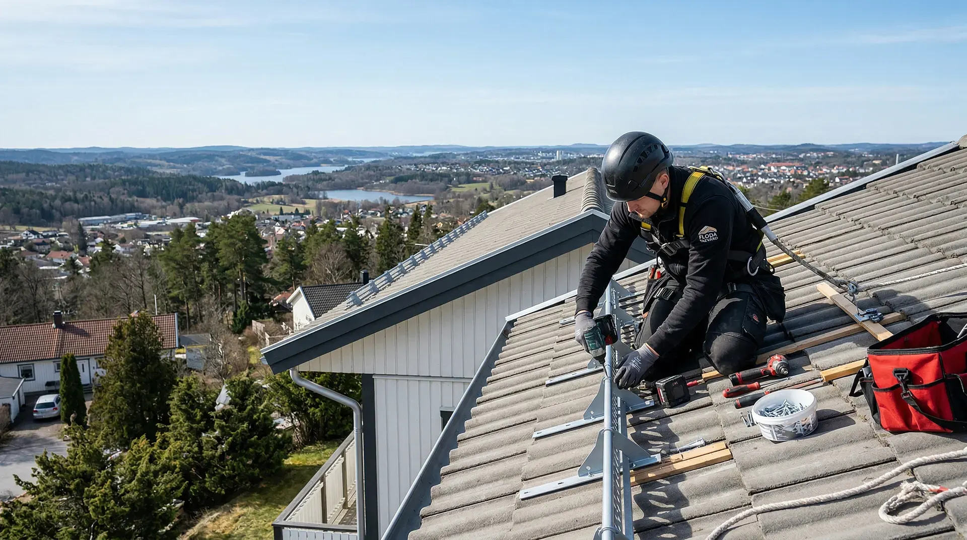 Takarbetare installerar solpaneler