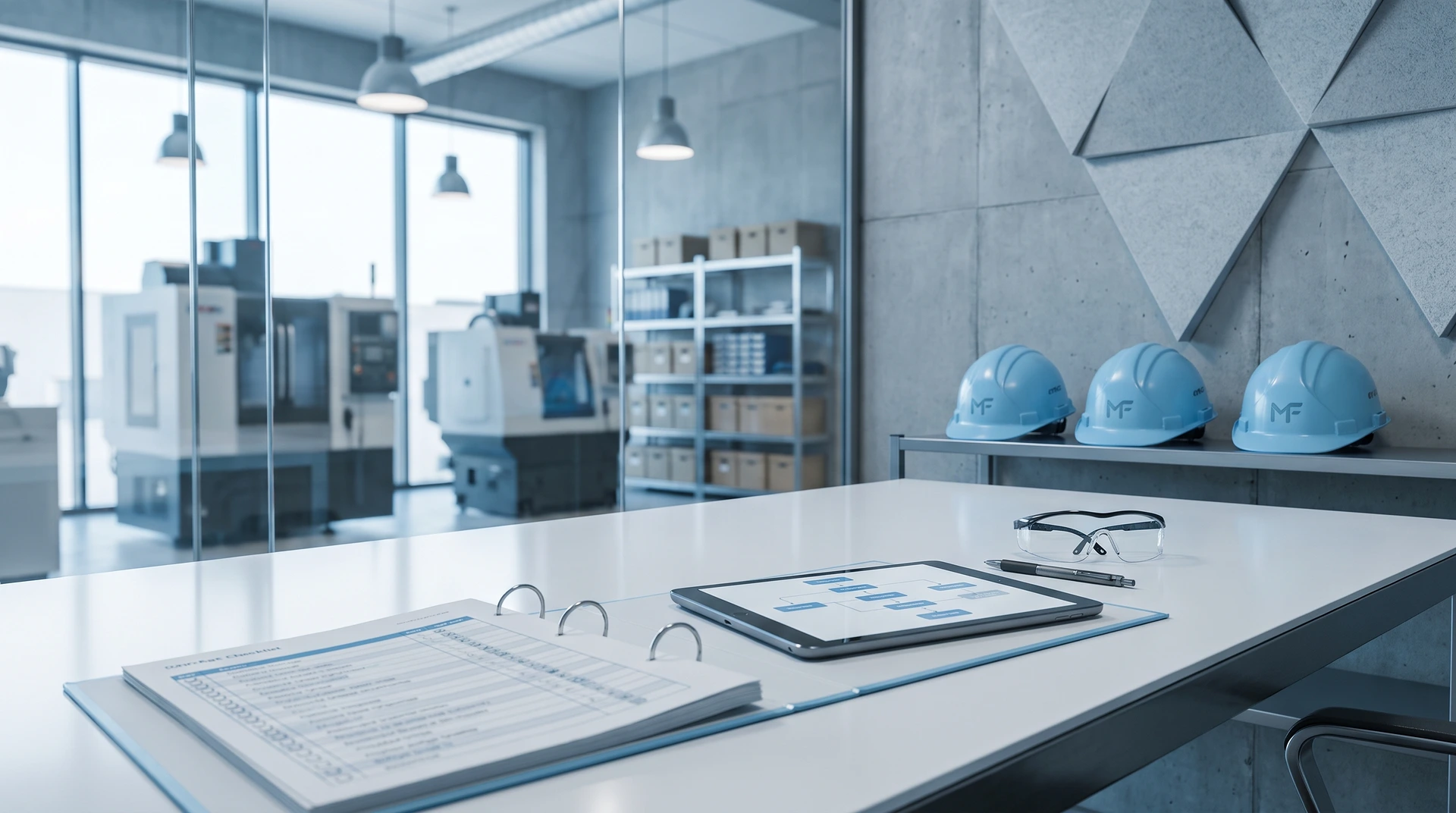 Industrikontor med ritningar och utrustning