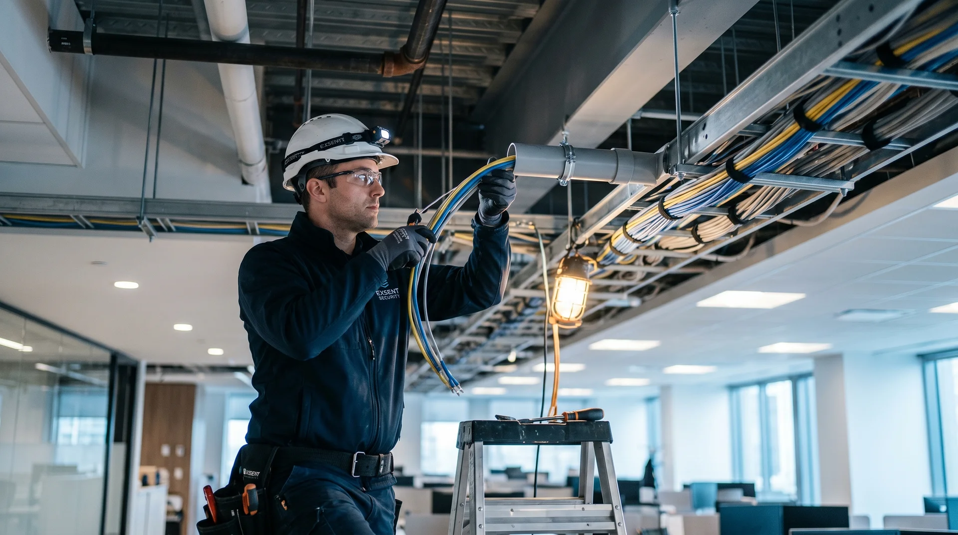 Eltekniker installerar kablar i kontorstak